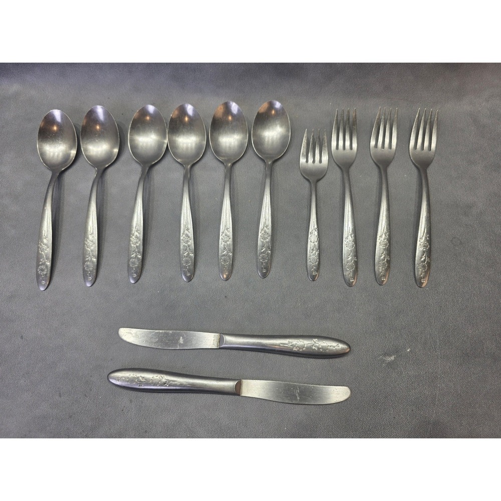 Wood Dale Stainless USA Flatware Set 12pc Floral Sunflower Daisy Vintage Silver